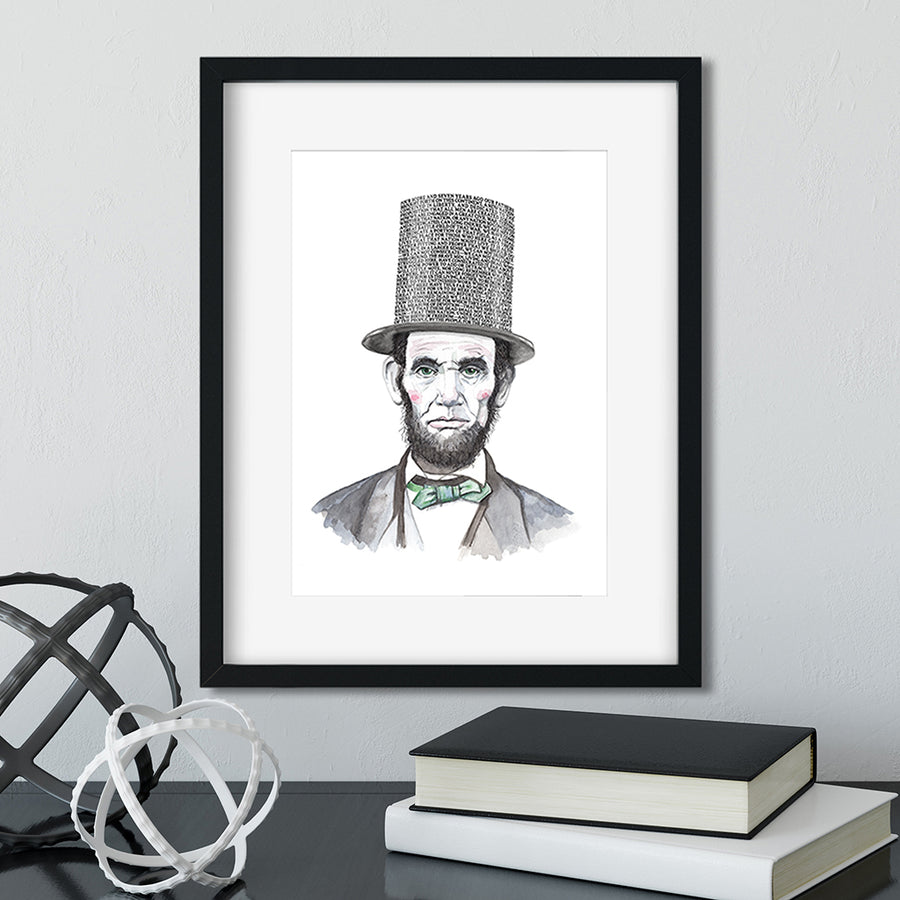 Framed Portrait pf Abraham Lincoln with his Gettysburg Address speech as his top hat