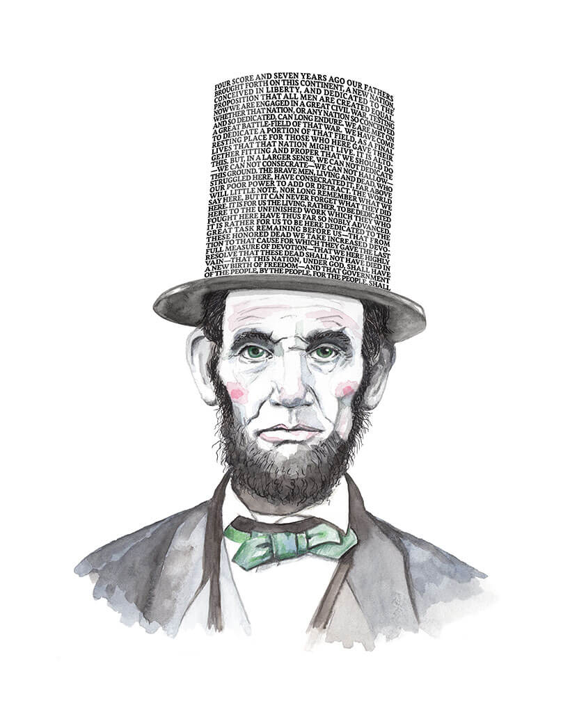 Portrait of Abraham Lincoln with his Gettysburg Address speech as his top hat